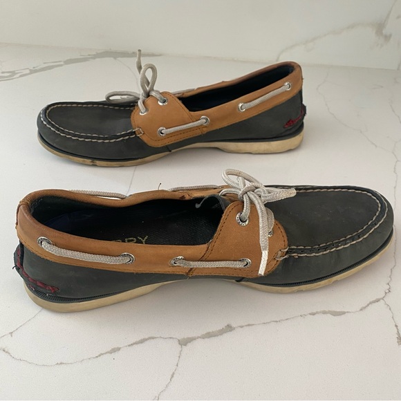 SPERRY TOP SIDERS TEO TONE BLUE TAN LEATHER BOAT SHOES SIZE 10 - Picture 2 of 9